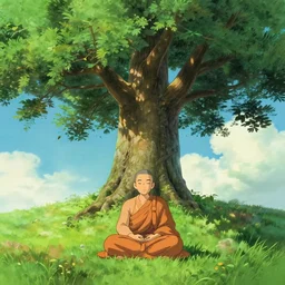 Meditating Buddhist monk sat  at the base of a large tree on top of a green hill artwork by studio Ghibli, highly detailed, masterpiece, trending on artstation