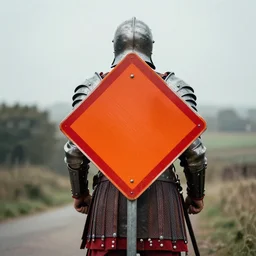 gladiator wearing a road sign on his kilt, red and orange road sign armor