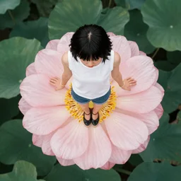 a woman on top of a flower