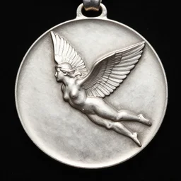 a silver medallion of icarus in flight