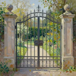 beautiful oil painting digital high quality of wrought iron garden gate with a tranquil garden in the background and stone ground Cyril Rolando, David Wiesner, Anato Finnstark, artstation behance