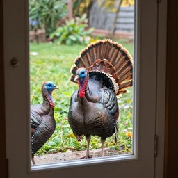 wild turkeys in a garden seen from inside the house through a screen door.