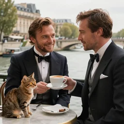 mcgregor is dressed as a gentleman at early 2 0 th century paris. he is having a coffee at the banks of river seine. ewan mcgregor has a coffee cup on his hand. next to him is a small brown cat with yellow glowing eyes