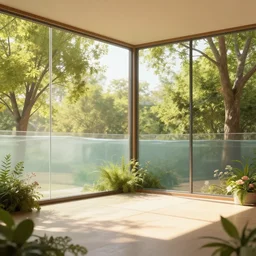 a room, sunlight, glass walls, water levels, trees, shrubs, flowers, warm and calm, ultra detailed, octane rendering, smooth colors, cel shading