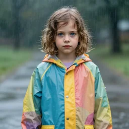 a seven year old girl with short wavy curly light brown hair and blue eyes wearing a colorful raincoat in the rain. by artgerm and greg rutkowski