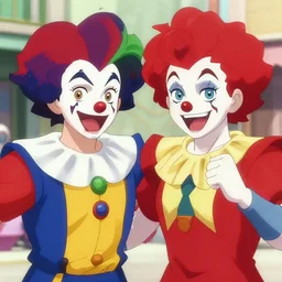 “portrait of two jesters, street fighting, superpowers, anime, movie set, close up high resolution ”