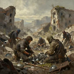 in a post - apocalyptic future, salvagers of old artifacts and metals search through piles of rubble and long - abandoned ruins. artistic painterly by greg rutkowski and trending on artstation, favorites on deviantart