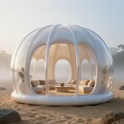 Hyper realistic, inflatable bubble house made of glass full of sand, Hyper realistic, tent architecture, organic architecture, ultra wide shot, Future design, architecture design, environment, morning light, foggy, Cinematography, mega scans,cinematic, a hybrid tech design, hyper realistic,photo real, cinematic composition, highly detailed, extremely realistic, Vray, corona render,