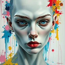 a hyper detailed and abstract portrait of a gucci albino model, bored eyes, cool expression, beautiful symmetrical face, award winning painting, brush splashes of vivid colors, artwork by chiara bautista and beksinski and norman rockwell and greg rutkowski, tom bagshaw weta studio, and lucasfilm