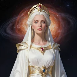portrait of the powerful empress of the solar system in the style of anna dittmann and in the style of bob eggleton. glowing, ornate and intricate, stunning, dynamic lighting, intricate and detailed.