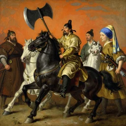 a ancient chinese cavalry hold a huge axe, painting by gaston bussiere, katsuya terada, nc wyeth, greg rutkowski, craig mullins, vermeer, frank frazetta, mucha, trending on artstation, jeffery catherine jones