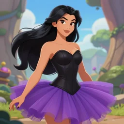 a beautiful woman with long black hair, wearing a black corset top and a purple tutu, Hearthstone official splash art