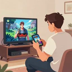 a beautiful illustration of my friend mark kidd, playing fallout new vegas on the xbox 3 6 0 in his living room. the tv is the only light source, in the style of studio ghibli, artwork by studio ghibli, gamers bedroom, posters. cinematic composition, anime, 8 k resolution, black, yellow and red colour scheme,