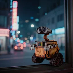 looking out window, wall-e rides down the street full of neon lights at night, atmospheric, moody, cinematic, photo real, in the style of blade runner
