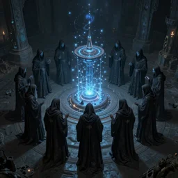 a dark cabal of hooded elven mystics in long robes gathered in a circular formation around a highly advanced quantum computer processing the spirits of the dead, dan seagrave art, michael whelan
