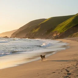 a california seascape, beach and grassy hills, at sunset, dog running on the beach