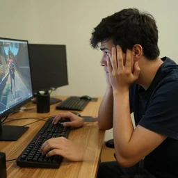 a guy scared after to loose his hands playing counter strike game
