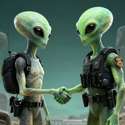 an extraterrestrial space alien and federal agents shaking hands