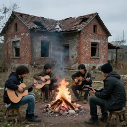 Four stalkers sit with guitars by the fire near an abandoned brick house