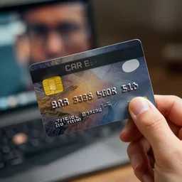 person holding their credit card up so you can see it. someone blurred the important information on the credit card using photoshop. edited photo. photorealistic. intricate details. 3 5 mm photograph. dramatic lighting. action shot. absolute focus. masterpiece.