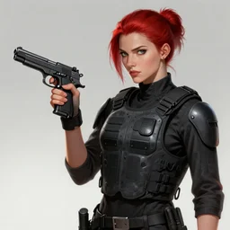 female, wearing kevlar vest, holding m 1 9 1 1 pistol, concept art, artstation, red hair tied up