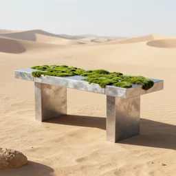 a modern table made of rectangle tetris, made of silver steel and moss, octane render, trending on artstation, desert backround