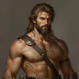 portrait of a rugged ranger, muscular, upper body, hairy torso, d & d, fantasy, intricate, elegant, highly detailed, digital painting, artstation, concept art, matte, sharp focus, illustration, art by artgerm and greg rutkowski and alphonse mucha