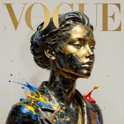 3 d, liquid black and gold marble head of fashion model, vogue cover style, paint splatters, blue and yellow and red paint splashes, paint drops whirling in the air, 3 d poster art, high detail, 3 d intricate oil painting, multiple exposure, stanley kubrick mood, hyperrealism, 3 d, by tooth wu and wlop and beeple and greg