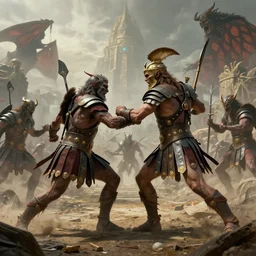 gladiators fighting demons in a distant world, hyperrealistic digital photo by Justin Gerard, Beeple, Gustave Dore, Artstation, CGsociety