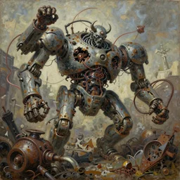 oil paint of flayed god machines, mainfraime 1 9 6 0 s cluster battle chaos, intricately macerated by age, sentient, dethroned goliath machine, whipping blood turbines, hydrocracking battles, rusted, macerated, eviscerated by fimbria wires, bicornate fungal pit, trash patina sheen rotting, by alberto bontempi
