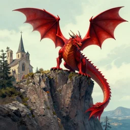 in the style of joshua middleton and artgerm, red dragon perched on a church on a cliff side