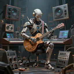 a centered photo of a mystical post apocalyptic cyborg playing music on the most complicated and technical musical studio equipment, powerful, cinematic, beautifully lit, by artgerm, by karol bak, 3 d, perfect face and body, trending on artstation, octane render, 8 k