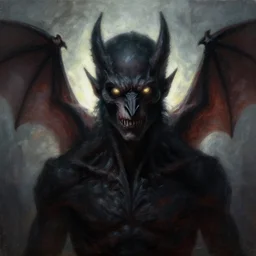 a hyper realistic portrait painting of a half bat half man, glowing eyes, creepy, backlight, horror vibe, real, realistic lighting in the style of greg rutkowski, trending on artstation,