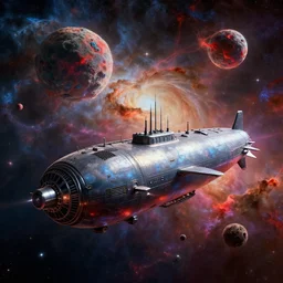 artistic composition, rich colors, high contrast hyperreal deep space station inspired by submarine, star citizen, oblivion, the expanse, mandelbulb, high tech, dramatic nebula sky, volumetric lighting