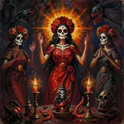 santa muerte being awakened by a mexican death cult through a ritual, by anton semenov and amanda sage and h.r. giger in a surreal dark horror style, oil on canvas, 8k, hd,