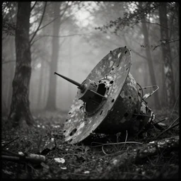soviet satellite wreckage in the misty wood, pinhole camera effect, lomography effect, analogue photo quality, monochrome, blur, unfocus, oil on linen, Chiaroscuro, painted by Giovanni Baglione
