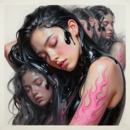 3 d, close - up, liquid black oil, sleepy fashion model with pink tattoo, flame, poster art, high detail, intricate oil painting, multiple exposure, hyperrealism, 3 d, by tooth wu and wlop and beeple and greg rutkowski
