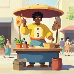 maximalist vibrant sculpture of godly street vendor, painted by makoto shinkai takashi takeuchi studio ghibli, akihiko yoshida, yoshitaka amano, wangechi mutu, clean cel shaded vector art. shutterstock. behance hd by lois van baarle, artgerm, helen huang, rossdraws, illustration