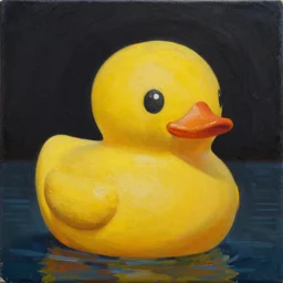 portrait of a yellow rubber duck, by beeple,, oil on canvas.