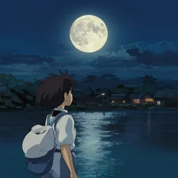 the night, the big moon, the river, the stars, artstation, by hayao miyazaki, dslr