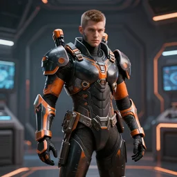 a vertical portrait of a character in a futuristic room, black and orange armor, highly detailed, render, vray, octane, realistic lighting