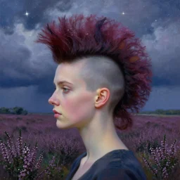 closeup, giant flower head mohawk, women in heather field, surreal photography, starlight, storm clouds, impressionist painting, digital painting, artstation, simon stalenhag