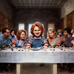 screaming chucky doll hiding under table in the last supper