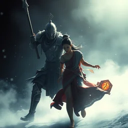 a warrior chasing after a women wearing sari : 6 character design : 2 midnight, illusion, stunning, breathtaking, majestic, asian fantasy, digital render, line art, unreal engine, de - noise, 8 k, volumetric lighting, symmetrical, pronounced features, detailed contrast, scattered mist, glow 3 d alejandro alvarez alena aenami