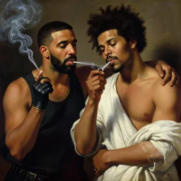 drake and the weeknd smoking by botticelli, brown skin, classical painting, digital painting, romantic, vivid color, oil painting