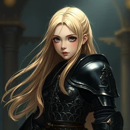 baroque oil painting of japanese light novel illustration anime key visual full body action shot | young girl wearing black military crusader armour with long flowing blonde hair | perfect face fine detail quiet gaze | lotr gapmoe kuudere moody lighting studio bokeh highlights sharp contrast | trending pixiv fanbox | by greg rutkowski makoto shinkai takashi takeuchi studio ghibli