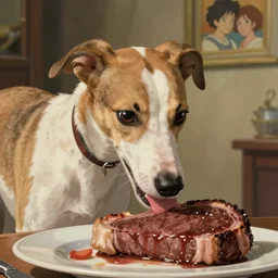 cute white brown greyhound eating juicy steak, natural lighting, path traced, highly detailed, high quality, digital painting, by don bluth and ross tran and studio ghibli and alphonse mucha, artgerm