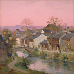 a beautiful painting of an ancient chinese town nearby a small river in the evening by alfons maria mucha and ivan aivazovsky, ultra detailed, volumetric lighting, pink vibe
