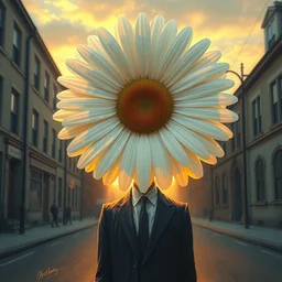 giant white daisy flower head, frontal, girl in a suit, standing in street, surreal photography, sunrise, dramatic light, impressionist painting, digital painting, artstation, simon stalenhag