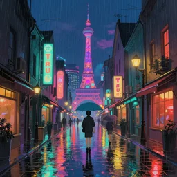 rainy street, glowing lights, epic fantasy, colorfully, digital art, highly saturated colors, concept art, detailed illustration, hd, 4 k, digital art, greg rutkowski, dan mumford, studio ghibli trending on artstation
